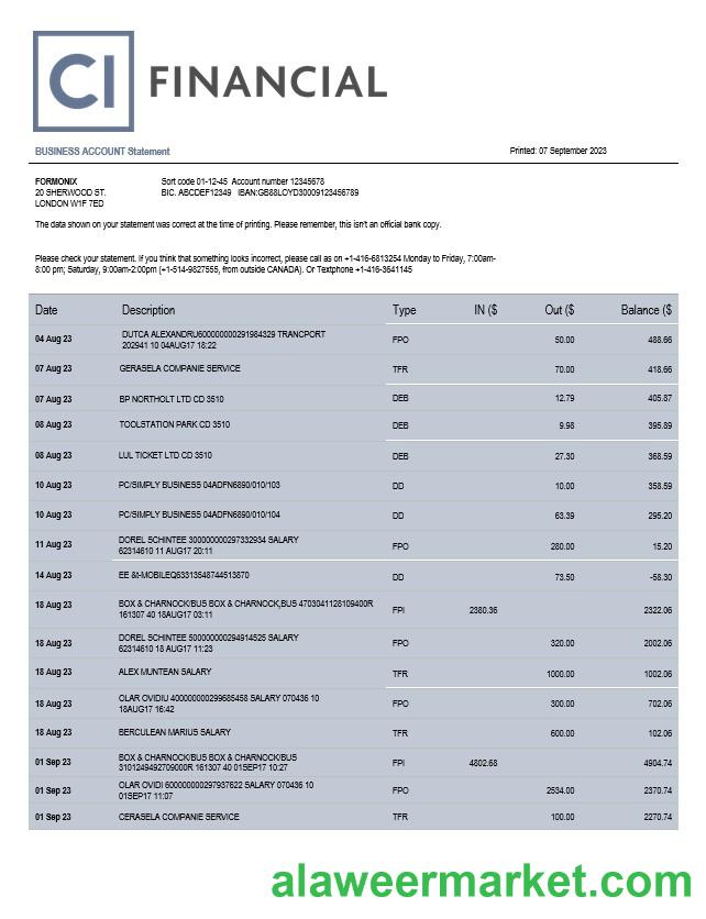 CL Financial Bank organization account statement Word and PDF template